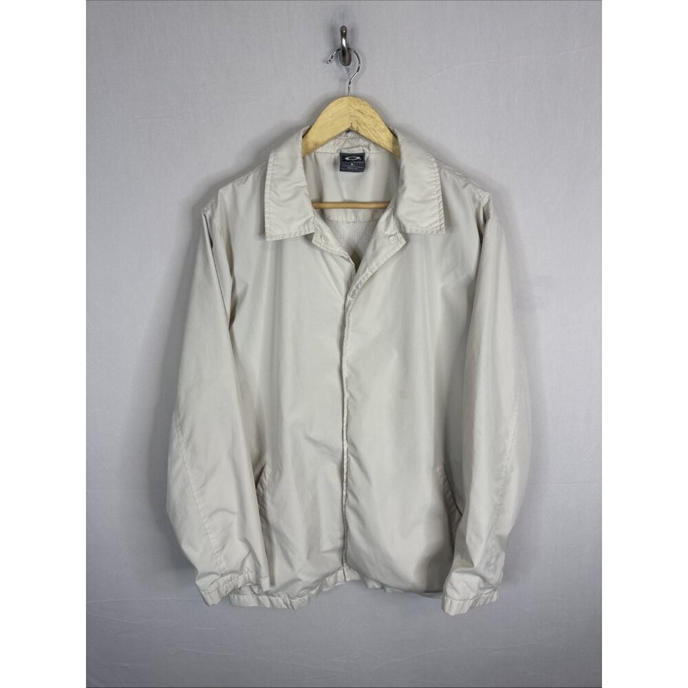 Vintage Oakley Software Coach Jacket Mens L Beige Snap Front Mesh Lined Y2K